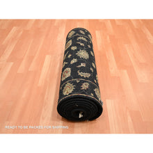 Load image into Gallery viewer, 2&#39;7&quot;x12&#39;3&quot; Caviar Black, Soft Pile, Hand Knotted, Wool And Silk, Rajasthan With All Over Leaf Design, Thick And Plush, Runner, Oriental Rug FWR453666