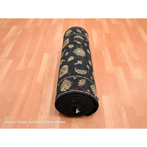 2'7"x12'3" Caviar Black, Soft Pile, Hand Knotted, Wool and Silk, Rajasthan with All Over Leaf Design, Thick and Plush, Runner, Oriental Rug FWR453666