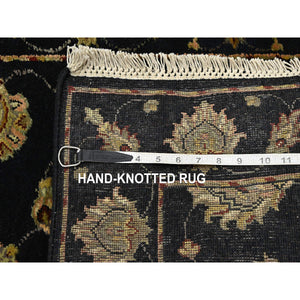 2'7"x12'3" Caviar Black, Soft Pile, Hand Knotted, Wool And Silk, Rajasthan With All Over Leaf Design, Thick And Plush, Runner, Oriental Rug FWR453666