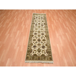 2'6"x8' Alabaster White, Rajasthan with All Over Leaf Design, Hand Knotted, Wool and Silk, Soft Pile, Thick and Plush, Runner, Oriental Rug FWR453672