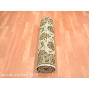 2'6"x8' Alabaster White, Rajasthan with All Over Leaf Design, Hand Knotted, Wool and Silk, Soft Pile, Thick and Plush, Runner, Oriental Rug FWR453672