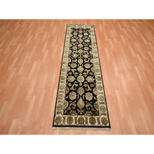 Load image into Gallery viewer, 2&#39;6&quot;x8&#39; Jade Black, Rajasthan with All Over Leaf Design, Hand Knotted, Wool and Silk, Densely Woven, Thick and Plush, Runner, Oriental Rug FWR453684