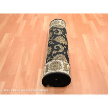 Load image into Gallery viewer, 2&#39;6&quot;x8&#39; Jade Black, Rajasthan with All Over Leaf Design, Hand Knotted, Wool and Silk, Densely Woven, Thick and Plush, Runner, Oriental Rug FWR453684