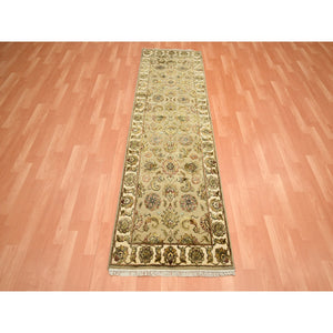 2'6"x8' Dark Vanilla Brown, Rajasthan with All Over Leaf Design, Hand Knotted, Wool and Silk, Soft Pile, Thick and Plush, Runner, Oriental Rug FWR453690