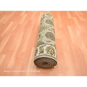 2'6"x8' Dark Vanilla Brown, Rajasthan with All Over Leaf Design, Hand Knotted, Wool and Silk, Soft Pile, Thick and Plush, Runner, Oriental Rug FWR453690