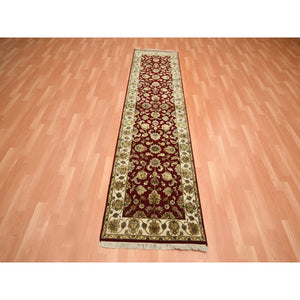 2'6"x9'5" Angels Red, Wool and Silk, Soft Pile, Rajasthan with All Over Leaf Design, Hand Knotted, Thick and Plush, Runner, Oriental Rug FWR453696