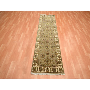 2'6"x8'3" Desert Sand Brown, Hand Knotted, Rajasthan with All Over Leaf Design, Wool and Silk, Soft Pile, Thick and Plush, Runner, Oriental Rug FWR453702