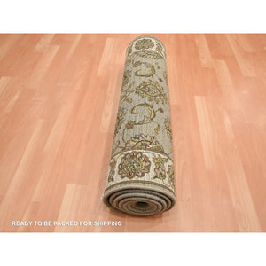 2'6"x8'3" Desert Sand Brown, Hand Knotted, Rajasthan with All Over Leaf Design, Wool and Silk, Soft Pile, Thick and Plush, Runner, Oriental Rug FWR453702