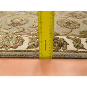 2'6"x8'3" Desert Sand Brown, Hand Knotted, Rajasthan with All Over Leaf Design, Wool and Silk, Soft Pile, Thick and Plush, Runner, Oriental Rug FWR453702
