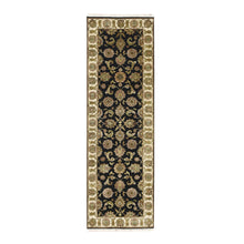 Load image into Gallery viewer, 2&#39;6&quot;x8&#39; Onyx Black, Rajasthan with All Over Leaf Design, Hand Knotted, Wool and Silk, Soft Pile, Thick and Plush, Runner, Oriental Rug FWR453714