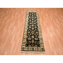 Load image into Gallery viewer, 2&#39;6&quot;x8&#39; Onyx Black, Rajasthan with All Over Leaf Design, Hand Knotted, Wool and Silk, Soft Pile, Thick and Plush, Runner, Oriental Rug FWR453714