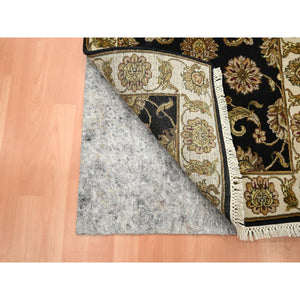 2'6"x8' Onyx Black, Rajasthan with All Over Leaf Design, Hand Knotted, Wool and Silk, Soft Pile, Thick and Plush, Runner, Oriental Rug FWR453714