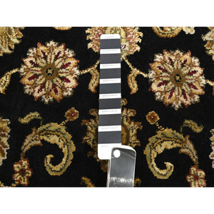 2'6"x8' Onyx Black, Rajasthan with All Over Leaf Design, Hand Knotted, Wool and Silk, Soft Pile, Thick and Plush, Runner, Oriental Rug FWR453714