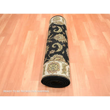 Load image into Gallery viewer, 2&#39;6&quot;x8&#39; Onyx Black, Rajasthan with All Over Leaf Design, Hand Knotted, Wool and Silk, Soft Pile, Thick and Plush, Runner, Oriental Rug FWR453714