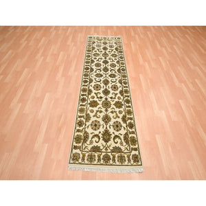2'7"x8'3" Photon White, Rajasthan with All Over Leaf Design, Hand Knotted, Wool and Silk, Thick and Plush, Densely Woven, Runner, Oriental Rug FWR453720