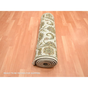 2'7"x8'3" Photon White, Rajasthan with All Over Leaf Design, Hand Knotted, Wool and Silk, Thick and Plush, Densely Woven, Runner, Oriental Rug FWR453720