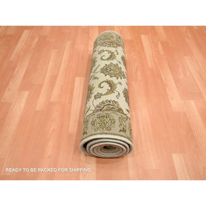 2'6"x8' Chiffon White, Rajasthan with All Over Leaf Design, Hand Knotted, Wool and Silk, Soft Pile, Thick and Plush, Runner, Oriental Rug FWR453726
