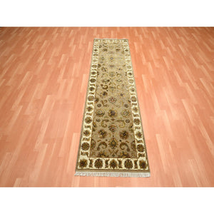 2'6"x8'3" Ecru Brown, Rajasthan with All Over Leaf Design, Hand Knotted, Wool and Silk, Densely Woven, Thick and Plush, Runner, Oriental Rug FWR453732