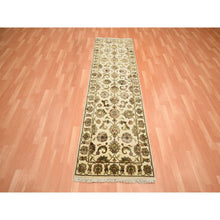 Load image into Gallery viewer, 2&#39;7&quot;x8&#39;3&quot; Linen White, Rajasthan with All Over Leaf Design, Hand Knotted, Thick and Plush, Soft Pile, Wool and Silk, Runner, Oriental Rug FWR453738