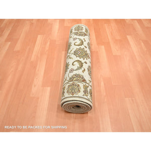 2'7"x8'3" Linen White, Rajasthan with All Over Leaf Design, Hand Knotted, Thick and Plush, Soft Pile, Wool and Silk, Runner, Oriental Rug FWR453738