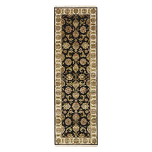 Load image into Gallery viewer, 2&#39;6&quot;x8&#39; Ink Black, Hand Knotted, Rajasthan with All Over Leaf Design, Wool and Silk, Densely Woven, Thick and Plush, Runner, Oriental Rug FWR453744