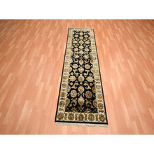 Load image into Gallery viewer, 2&#39;6&quot;x8&#39; Ink Black, Hand Knotted, Rajasthan With All Over Leaf Design, Wool And Silk, Densely Woven, Thick And Plush, Runner, Oriental Rug FWR453744