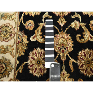 2'6"x8' Ink Black, Hand Knotted, Rajasthan with All Over Leaf Design, Wool and Silk, Densely Woven, Thick and Plush, Runner, Oriental Rug FWR453744
