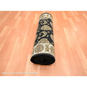 2'6"x8' Ink Black, Hand Knotted, Rajasthan with All Over Leaf Design, Wool and Silk, Densely Woven, Thick and Plush, Runner, Oriental Rug FWR453744