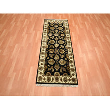 Load image into Gallery viewer, 2&#39;7&quot;x6&#39;2&quot; Caviar Black, Rajasthan with All Over Leaf Design, Hand Knotted, Soft Pile, Wool and Silk, Thick and Plush, Runner, Oriental Rug FWR453750