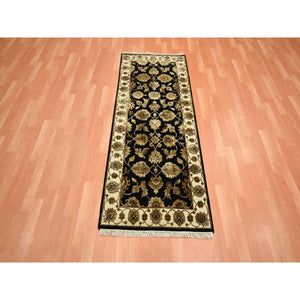2'7"x6'2" Caviar Black, Rajasthan with All Over Leaf Design, Hand Knotted, Soft Pile, Wool and Silk, Thick and Plush, Runner, Oriental Rug FWR453750