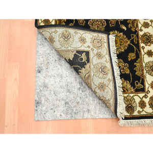2'7"x6'2" Caviar Black, Rajasthan with All Over Leaf Design, Hand Knotted, Soft Pile, Wool and Silk, Thick and Plush, Runner, Oriental Rug FWR453750