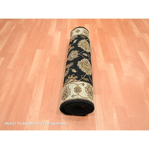 2'7"x6'2" Caviar Black, Rajasthan with All Over Leaf Design, Hand Knotted, Soft Pile, Wool and Silk, Thick and Plush, Runner, Oriental Rug FWR453750