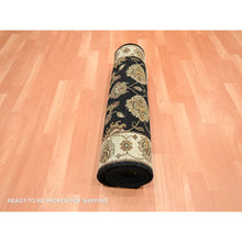Load image into Gallery viewer, 2&#39;7&quot;x6&#39;2&quot; Caviar Black, Rajasthan With All Over Leaf Design, Hand Knotted, Soft Pile, Wool And Silk, Thick And Plush, Runner, Oriental Rug FWR453750