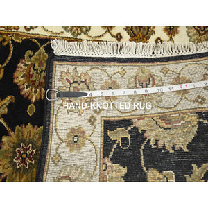2'7"x6'2" Caviar Black, Rajasthan with All Over Leaf Design, Hand Knotted, Soft Pile, Wool and Silk, Thick and Plush, Runner, Oriental Rug FWR453750