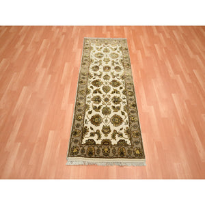 2'6"x6'2" Bone White, Rajasthan with All Over Leaf Design, Hand Knotted, Wool and Silk, Soft Pile, Thick and Plush, Runner, Oriental Rug FWR453756