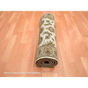 2'6"x6'2" Bone White, Rajasthan with All Over Leaf Design, Hand Knotted, Wool and Silk, Soft Pile, Thick and Plush, Runner, Oriental Rug FWR453756