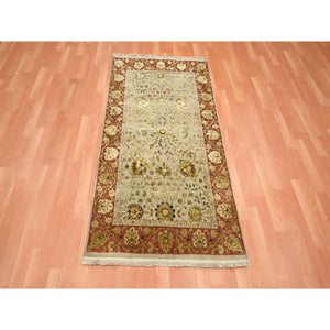 3'x5'6" Dark Vanilla Brown, Rajasthan with All Over Leaf Design, Hand Knotted, Wool and Silk, Soft Pile, Thick and Plush, Oriental Rug FWR453774