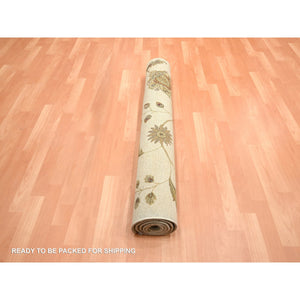 4'x6' Parchment White, Botanical Design, Borderless, Half Wool And Half Silk, Densely Woven, Soft Pile, Hand Knotted, Oriental Rug FWR453786