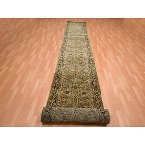 3'2"x19'4" Golden Yellow, Hand Knotted, Rajasthan with All Over Leaf Design, Densely Woven, 100% Wool, Thick and Plush, XL Runner, Oriental Rug FWR453792