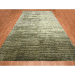 9'10"x14' Moss Green, Plain Design, Hand Knotted, Soft to the Touch, Pure Silk, Vibrant and Shiny, Oriental Rug FWR453834