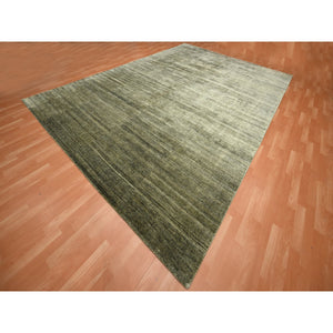 9'10"x14' Moss Green, Plain Design, Hand Knotted, Soft to the Touch, Pure Silk, Vibrant and Shiny, Oriental Rug FWR453834