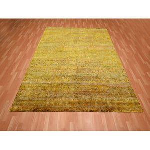 8'x9'3" Golden Brown With Green, Modern Design, Sari Silk, Hand Knotted, Thick And Plush, Squarish, Oriental Rug FWR453852