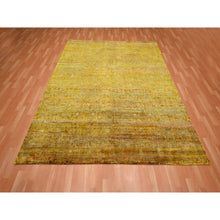 Load image into Gallery viewer, 8&#39;x9&#39;3&quot; Golden Brown With Green, Modern Design, Sari Silk, Hand Knotted, Thick And Plush, Squarish, Oriental Rug FWR453852