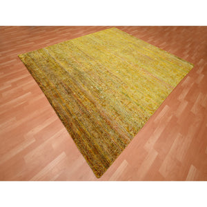 8'x9'3" Golden Brown With Green, Modern Design, Sari Silk, Hand Knotted, Thick And Plush, Squarish, Oriental Rug FWR453852