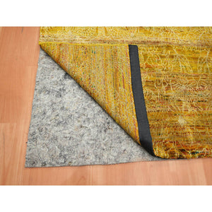 8'x9'3" Golden Brown With Green, Modern Design, Sari Silk, Hand Knotted, Thick And Plush, Squarish, Oriental Rug FWR453852