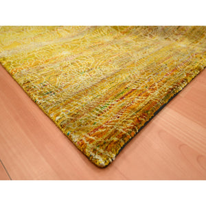 8'x9'3" Golden Brown With Green, Modern Design, Sari Silk, Hand Knotted, Thick And Plush, Squarish, Oriental Rug FWR453852