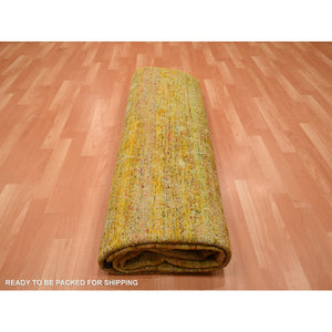 8'x9'3" Golden Brown With Green, Modern Design, Sari Silk, Hand Knotted, Thick And Plush, Squarish, Oriental Rug FWR453852