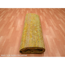 Load image into Gallery viewer, 8&#39;x9&#39;3&quot; Golden Brown With Green, Modern Design, Sari Silk, Hand Knotted, Thick And Plush, Squarish, Oriental Rug FWR453852
