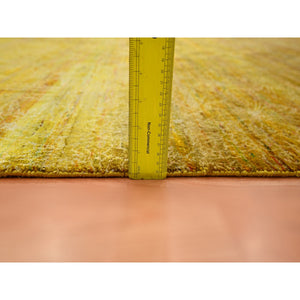 8'x9'3" Golden Brown With Green, Modern Design, Sari Silk, Hand Knotted, Thick And Plush, Squarish, Oriental Rug FWR453852