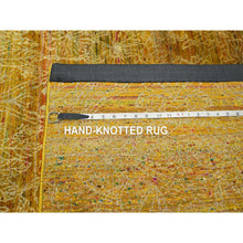 Load image into Gallery viewer, 8&#39;x9&#39;3&quot; Golden Brown With Green, Modern Design, Sari Silk, Hand Knotted, Thick And Plush, Squarish, Oriental Rug FWR453852